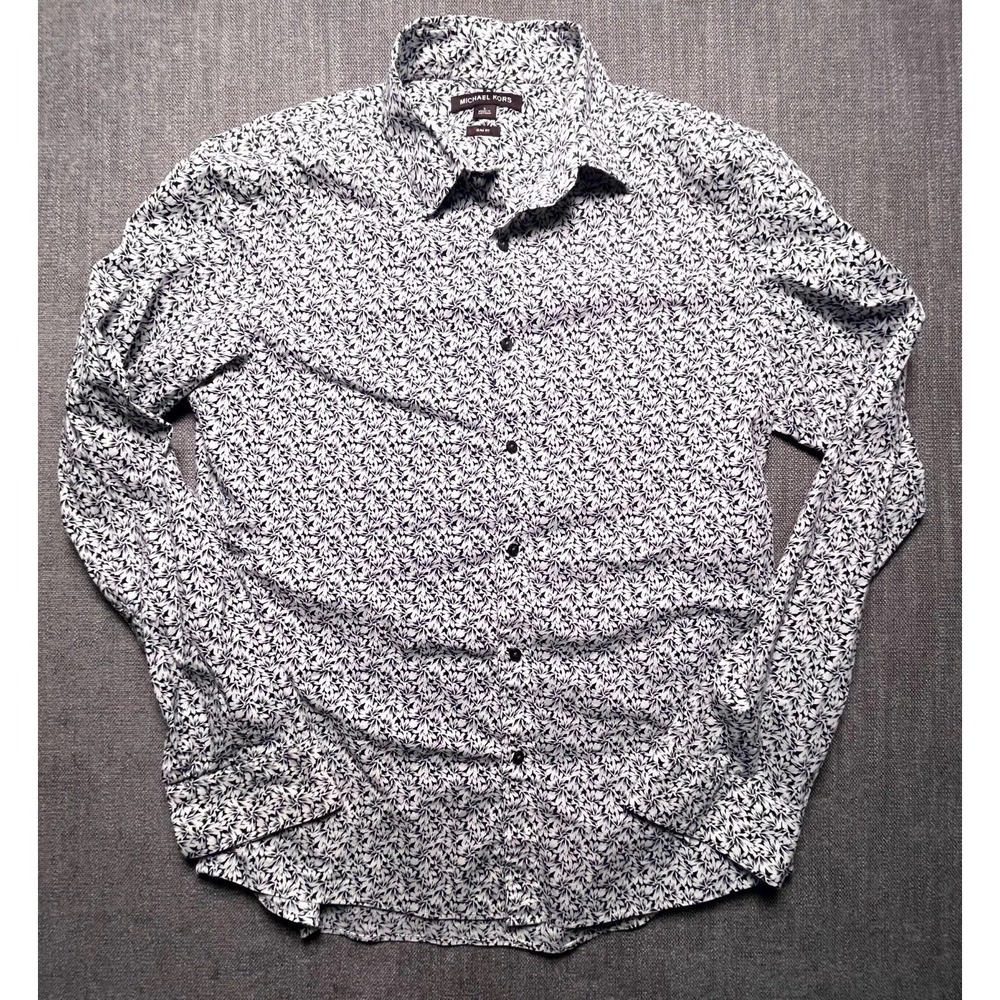 Michael Kors Mens Slim Fit Shirt L Black White Leaf Print Button Up Long Sleeve